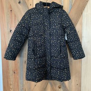 Amazon Essentials winter jacket, girls size M, black with gold stars. New